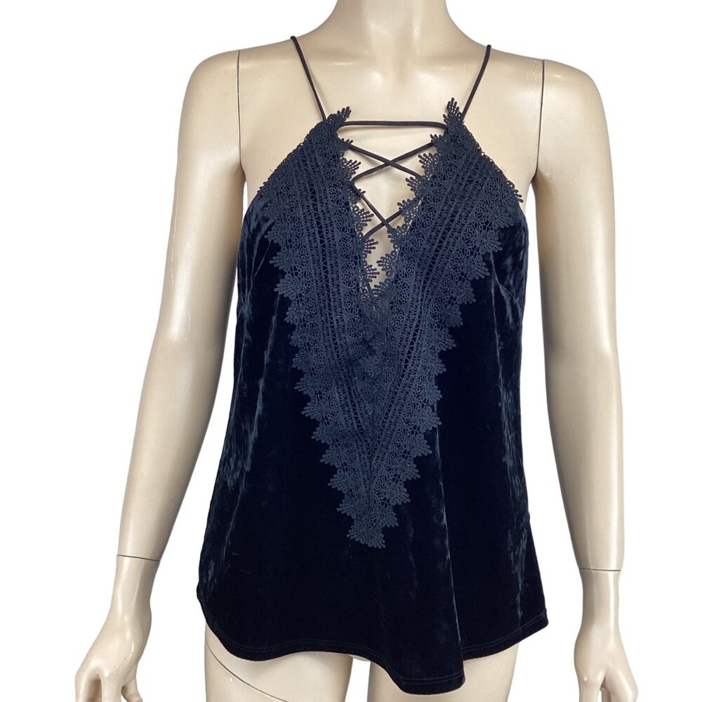 Wayf Top Size Medium Velvet‎ Posie Lace-Up Deep V Cami Black Blouse